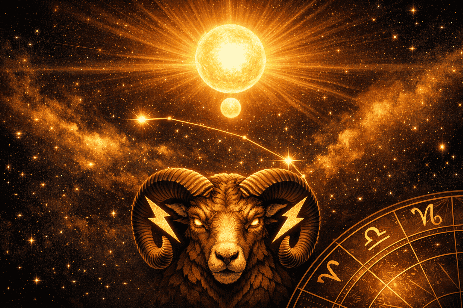 () illustration showing the Sun and Mercury as glowing orbs in perfect alignment above the Aries constellation, with golden