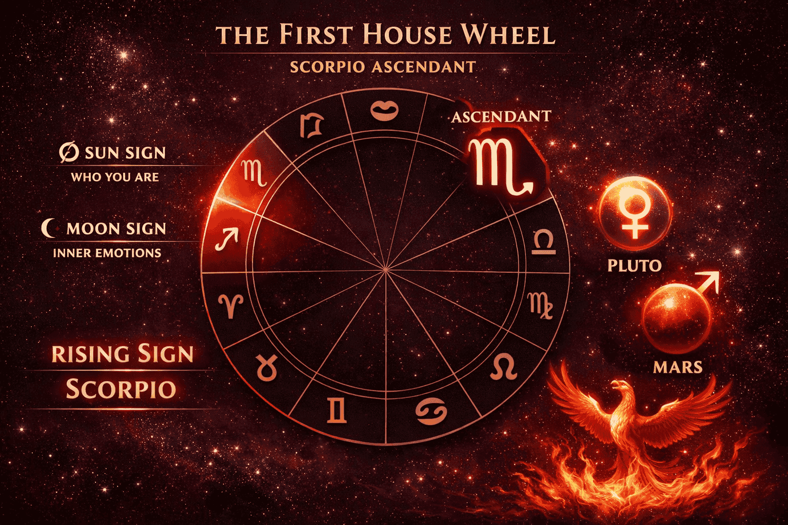 () illustration showing the astrological first house wheel with Scorpio symbol at the Ascendant position, deep burgundy and