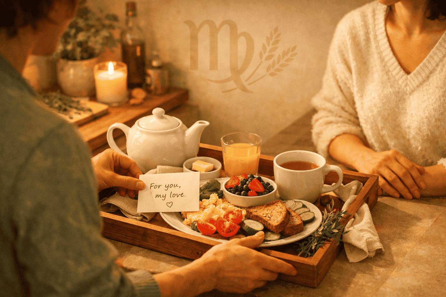 () illustrative scene of a couple engaged in a quiet act of service: one person preparing a carefully arranged meal tray