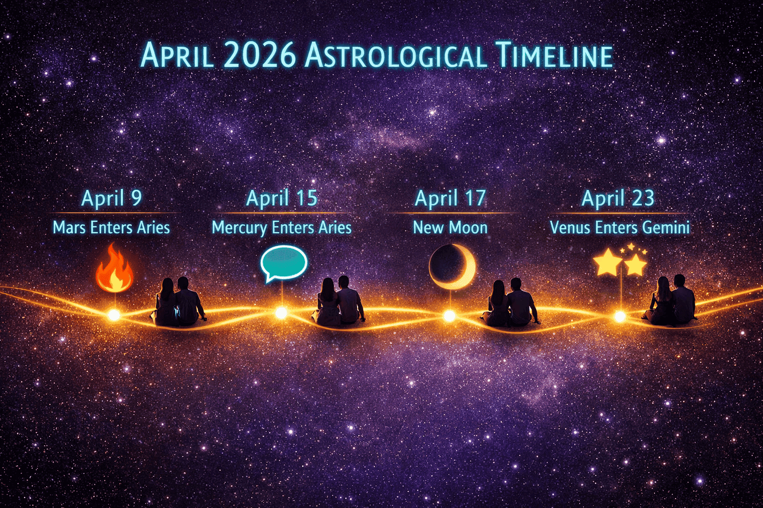 () infographic-style editorial image showing a detailed April 2026 astrological timeline as a glowing cosmic calendar strip.