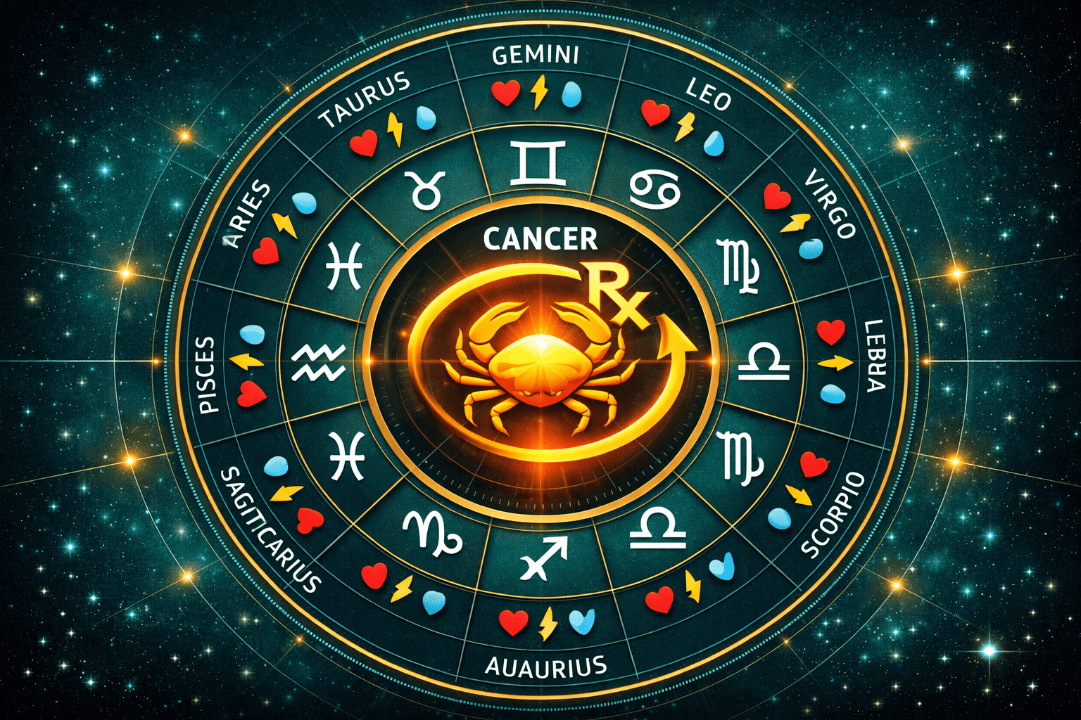 () infographic-style illustration depicting a glowing zodiac wheel with all 12 signs highlighted in concentric rings, Cancer