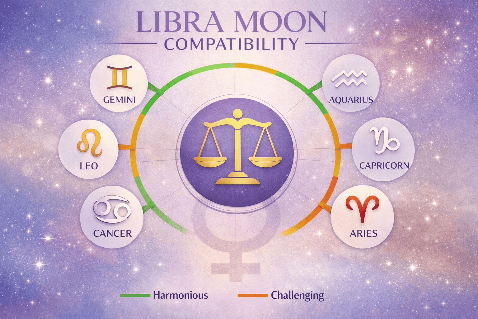 () infographic-style image featuring a circular Libra Moon compatibility chart with six zodiac signs arranged around a