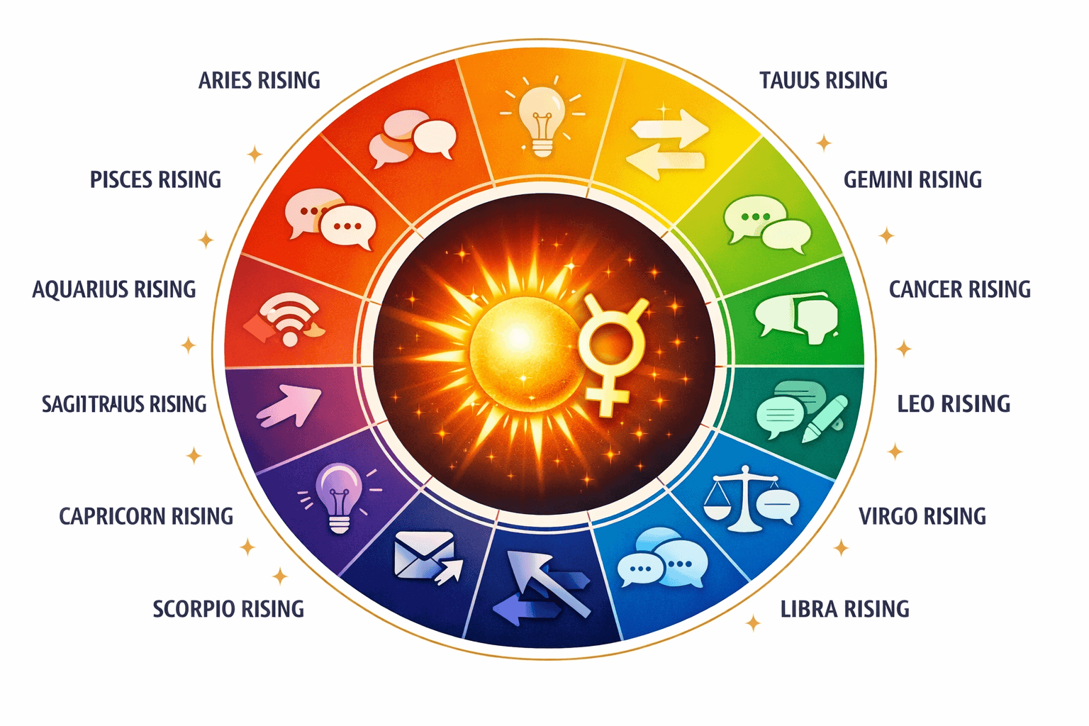 () infographic-style image showing a circular zodiac wheel with all 12 rising signs labeled, each section highlighted in