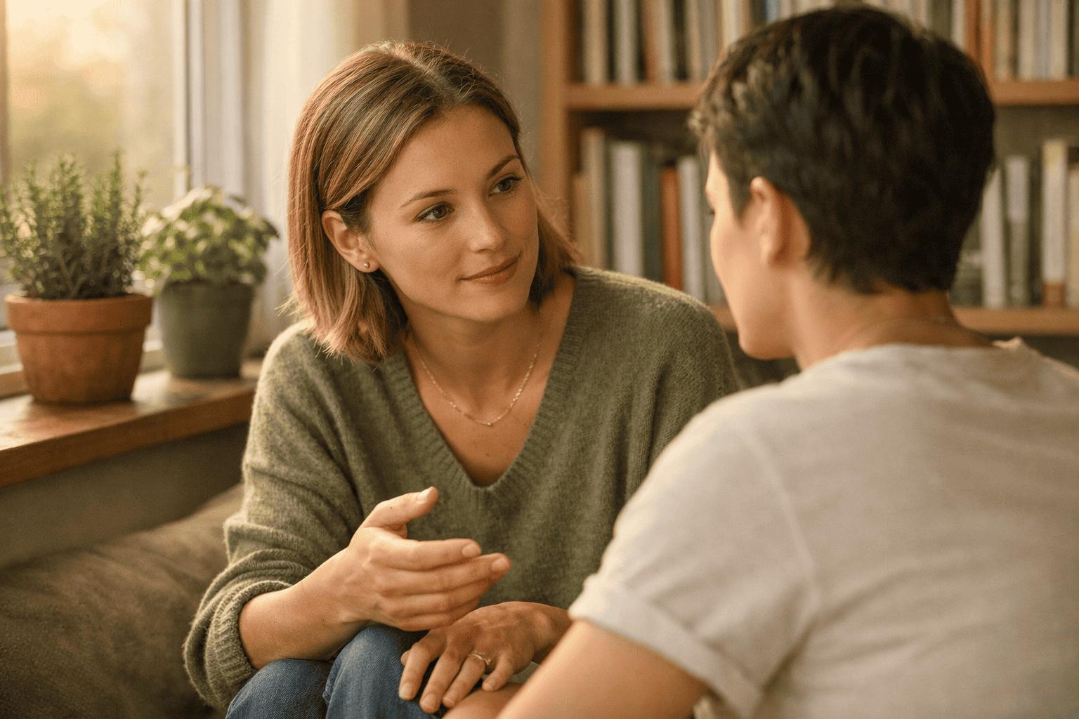 () intimate close-up editorial scene of two people in a calm, organized living space — one Virgo figure attentively