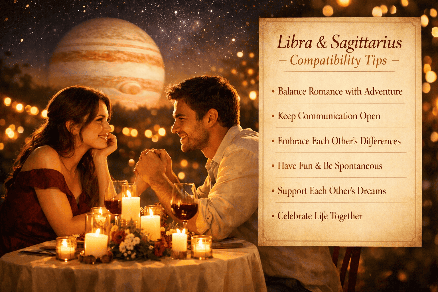 () intimate romantic scene of a Libra-Sagittarius couple sitting across from each other at an outdoor candlelit table under