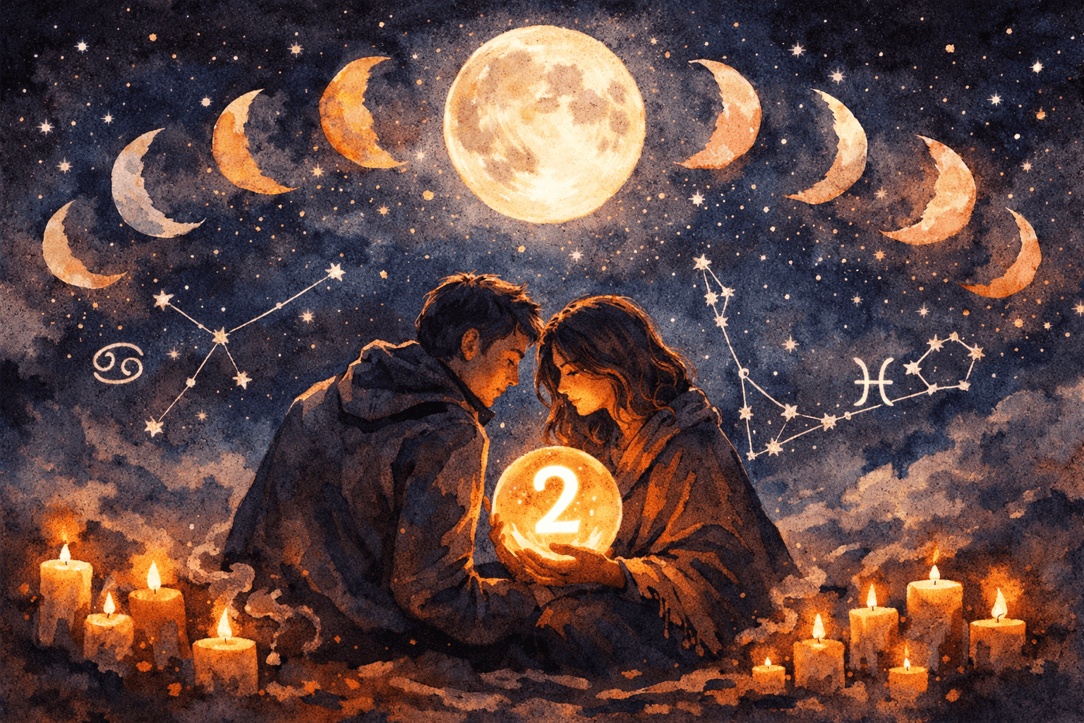 () intimate scene of two figures sitting under a starlit sky with a prominent full moon, one figure holding a glowing number