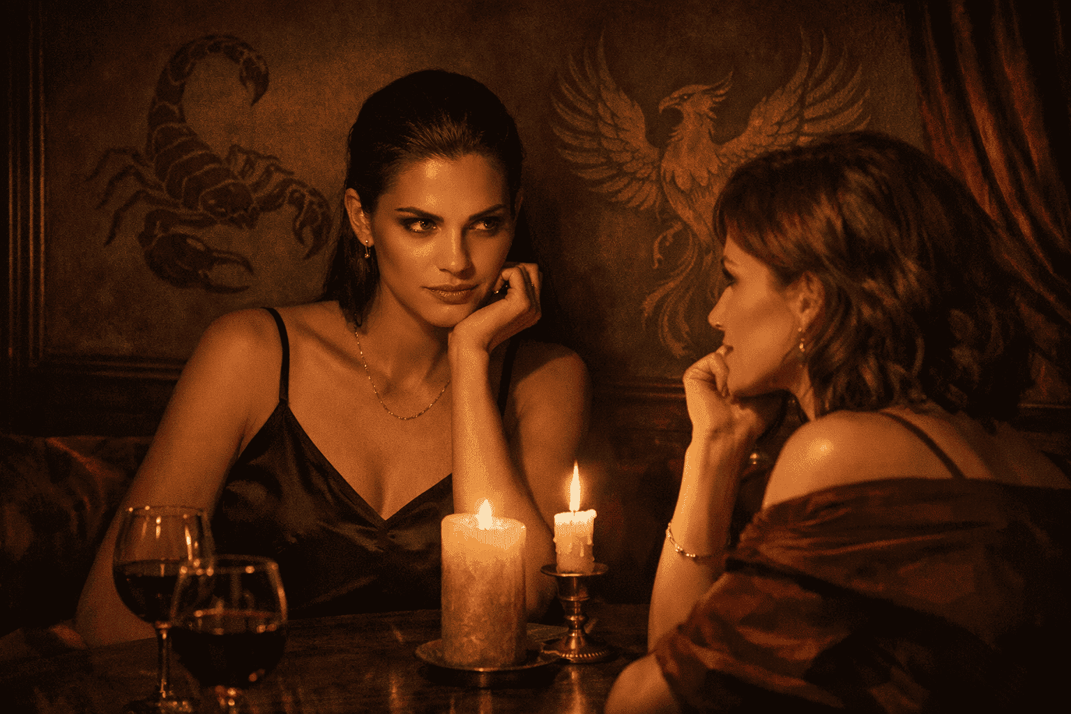 () intimate scene showing two figures in conversation, one with unmistakable Scorpio Rising energy — intense focused gaze,