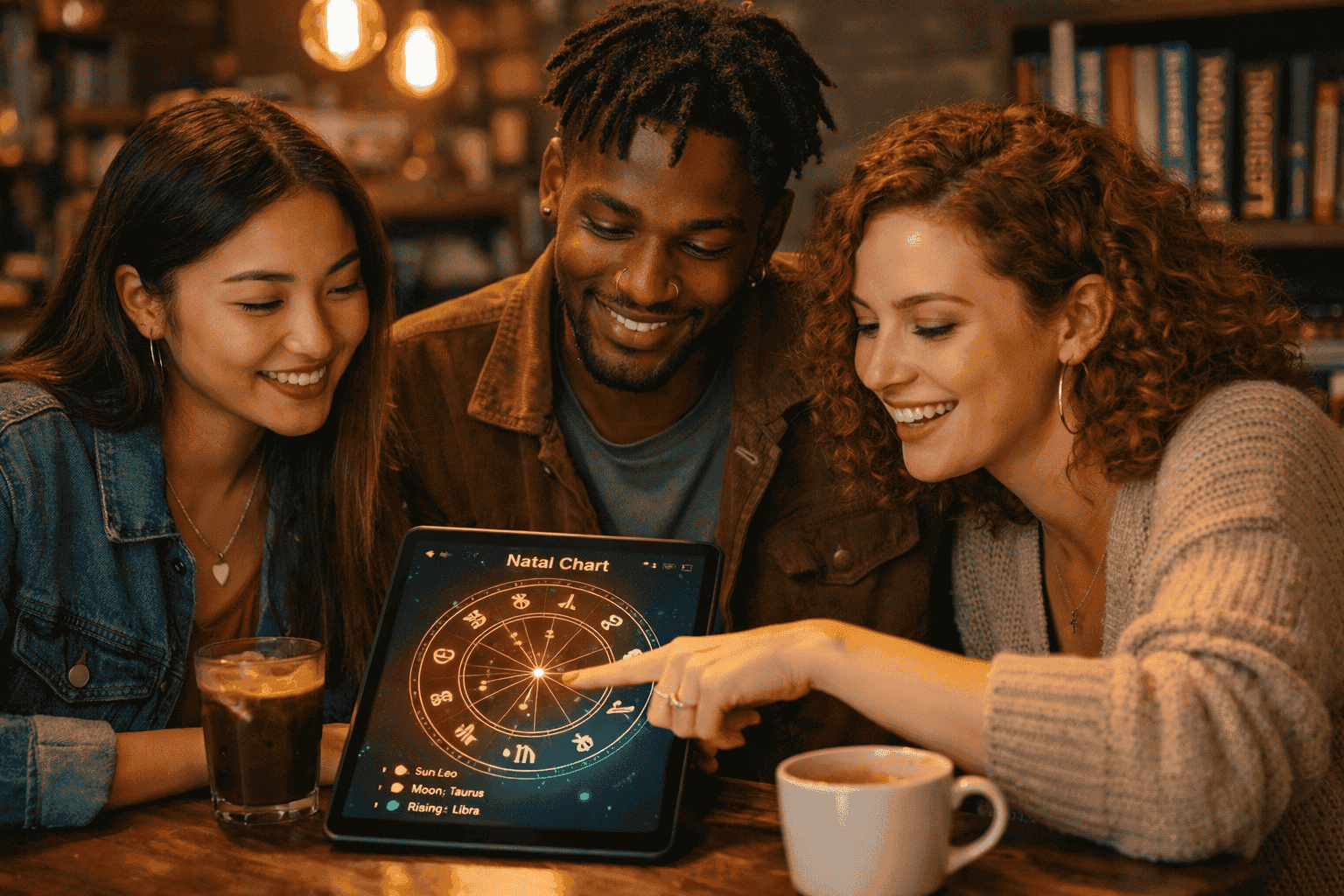 () modern lifestyle scene showing a diverse group of three young adults gathered around a glowing tablet displaying a zodiac