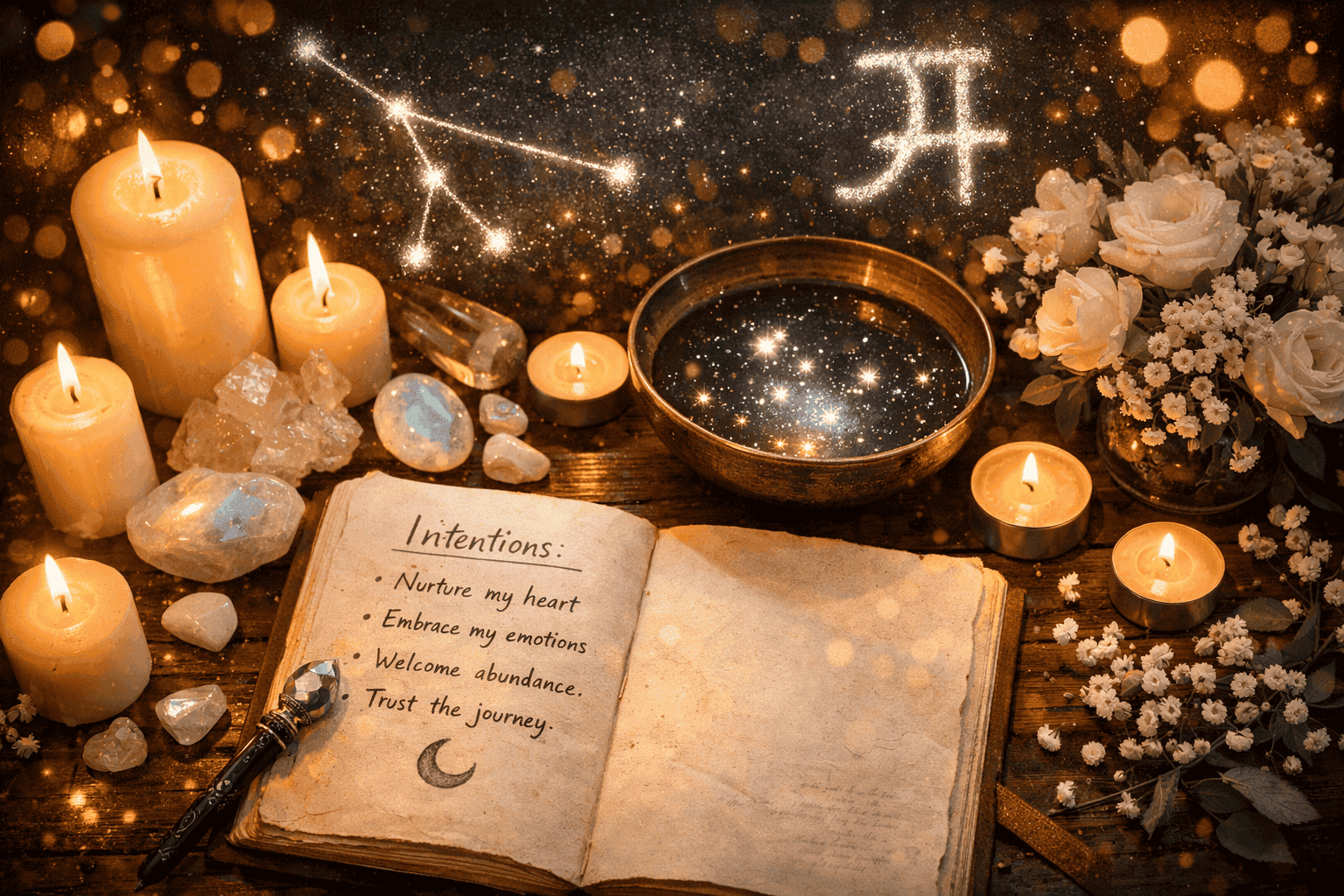() moody celestial scene showing a cozy candlelit altar space with moonstone crystals, white candles, a bowl of water