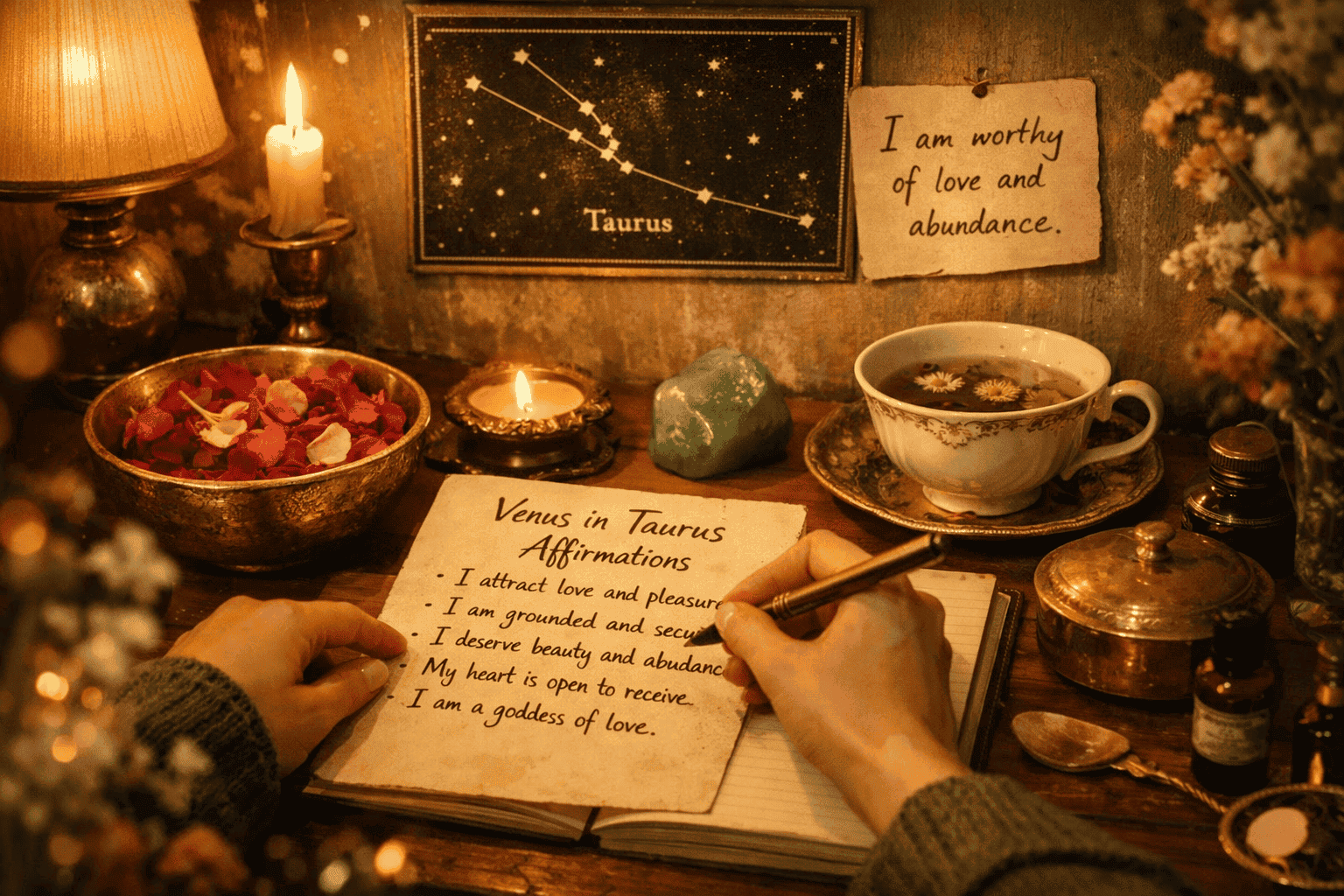 () moody editorial scene depicting a person journaling at a candlelit wooden desk surrounded by Venus in Taurus ritual