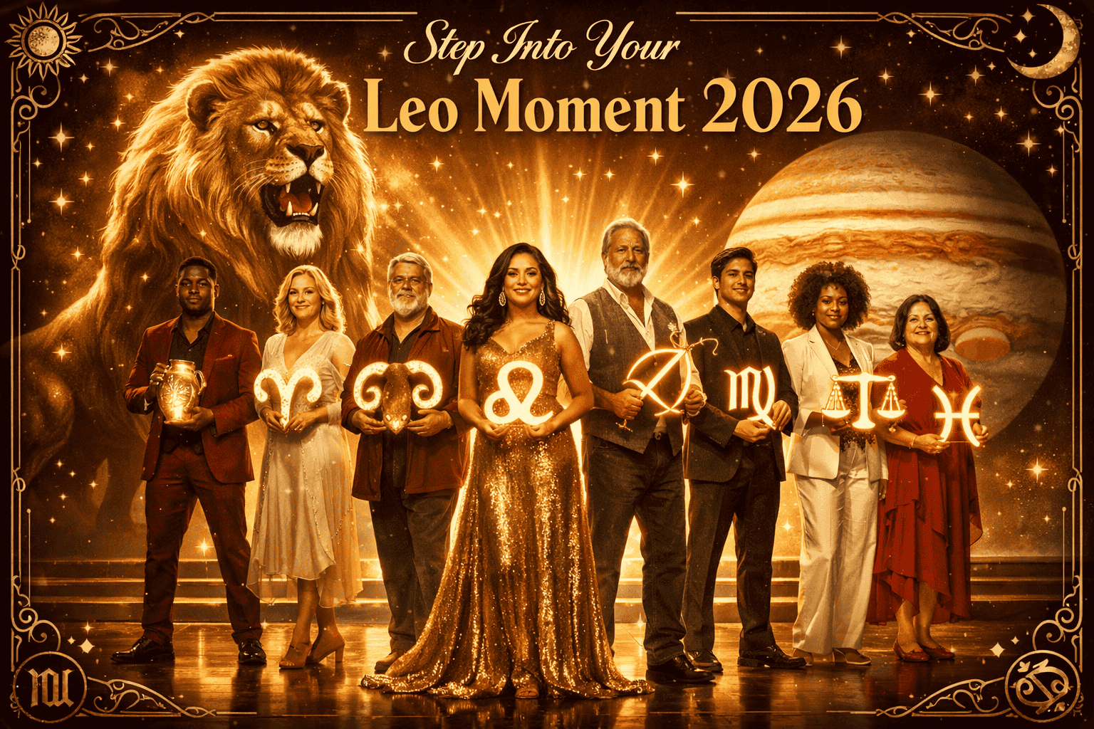 () motivational editorial scene showing a diverse group of confident people standing in a spotlight on a grand stage, each