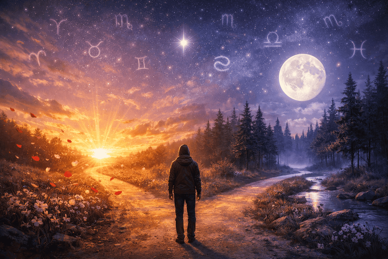 () motivational editorial scene showing a person standing at a cosmic crossroads at twilight, one path leads toward a warm