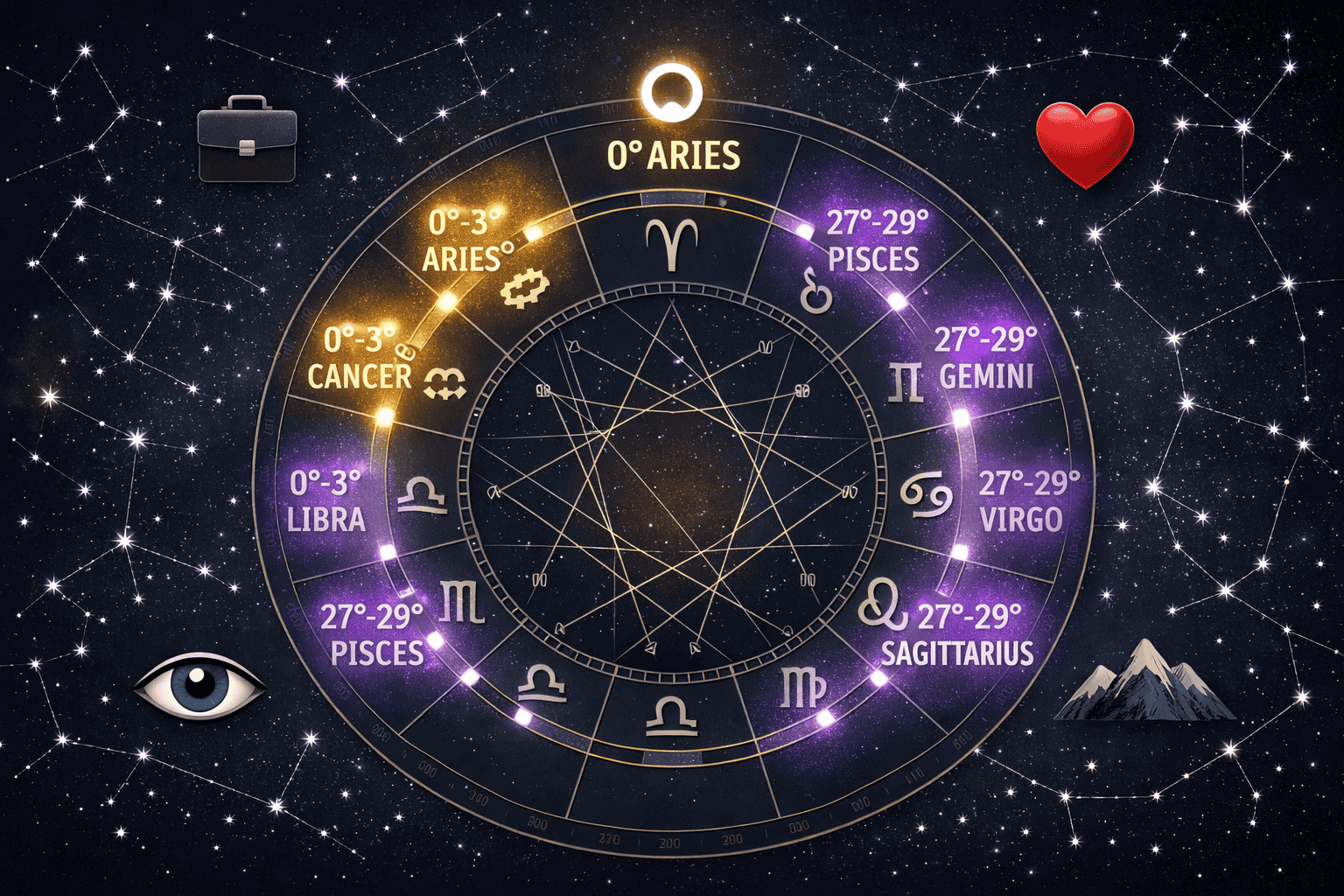 () natal chart diagram showing a stylized birth chart wheel with early cardinal signs (Aries, Cancer, Libra, Capricorn)
