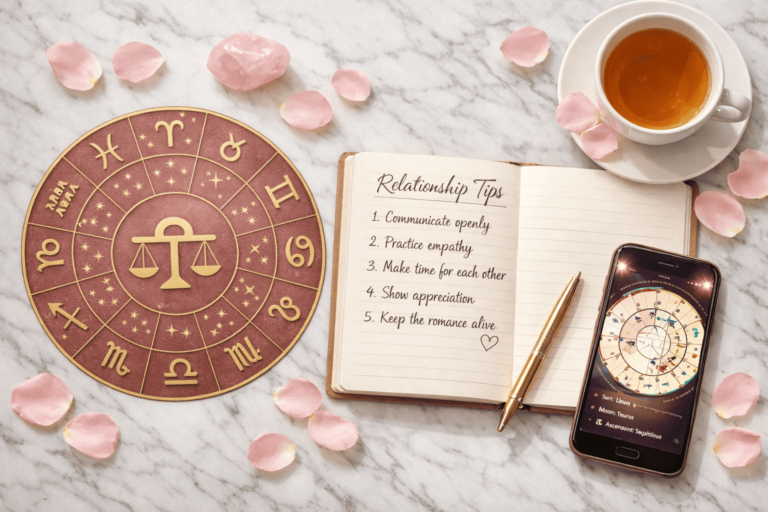 () overhead flat-lay composition on a marble surface featuring a Libra zodiac wheel chart, a small rose quartz crystal, an