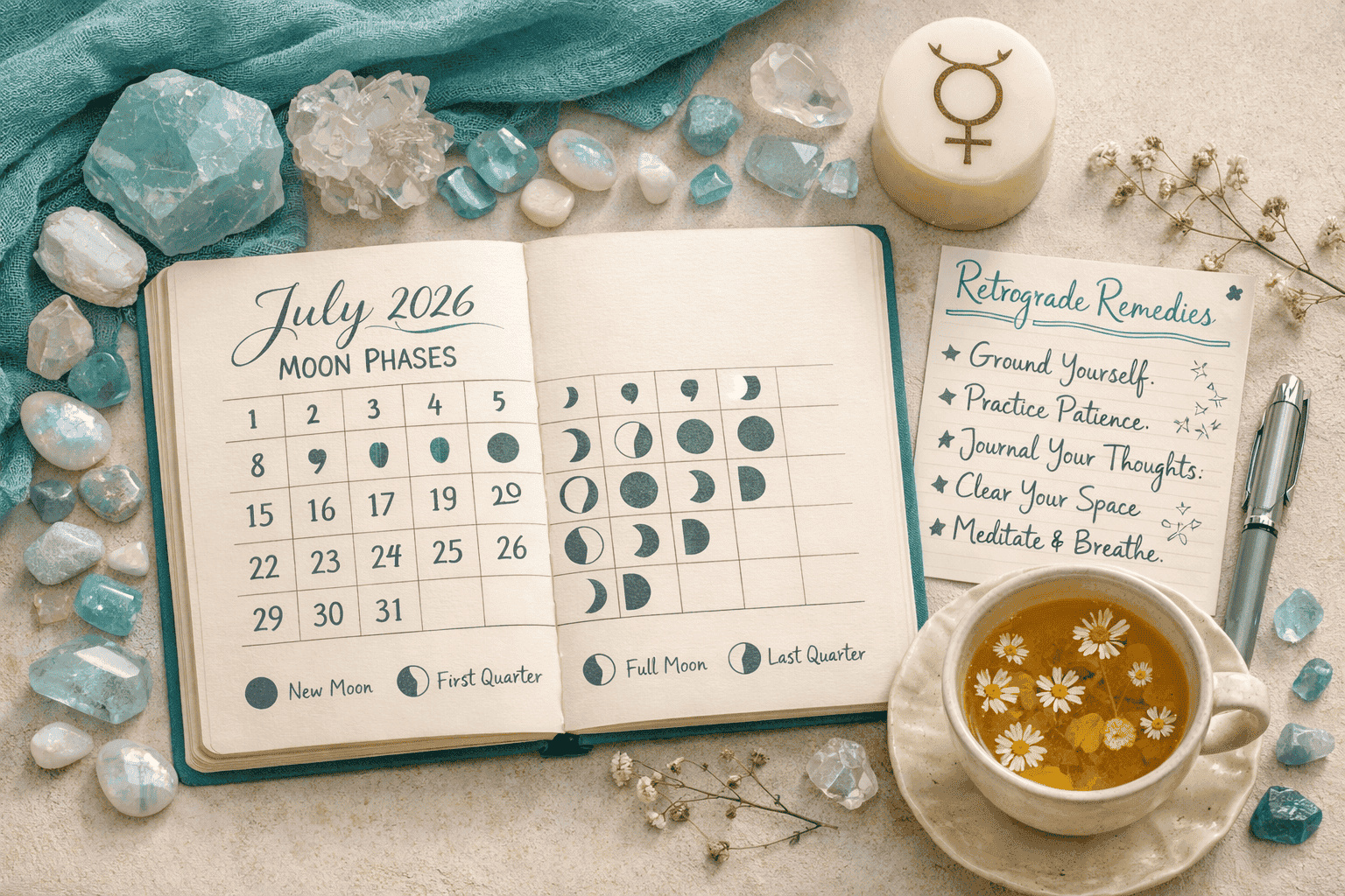 () overhead flat-lay composition showing a journal open to a moon phase calendar for July 2026, crystals including moonstone