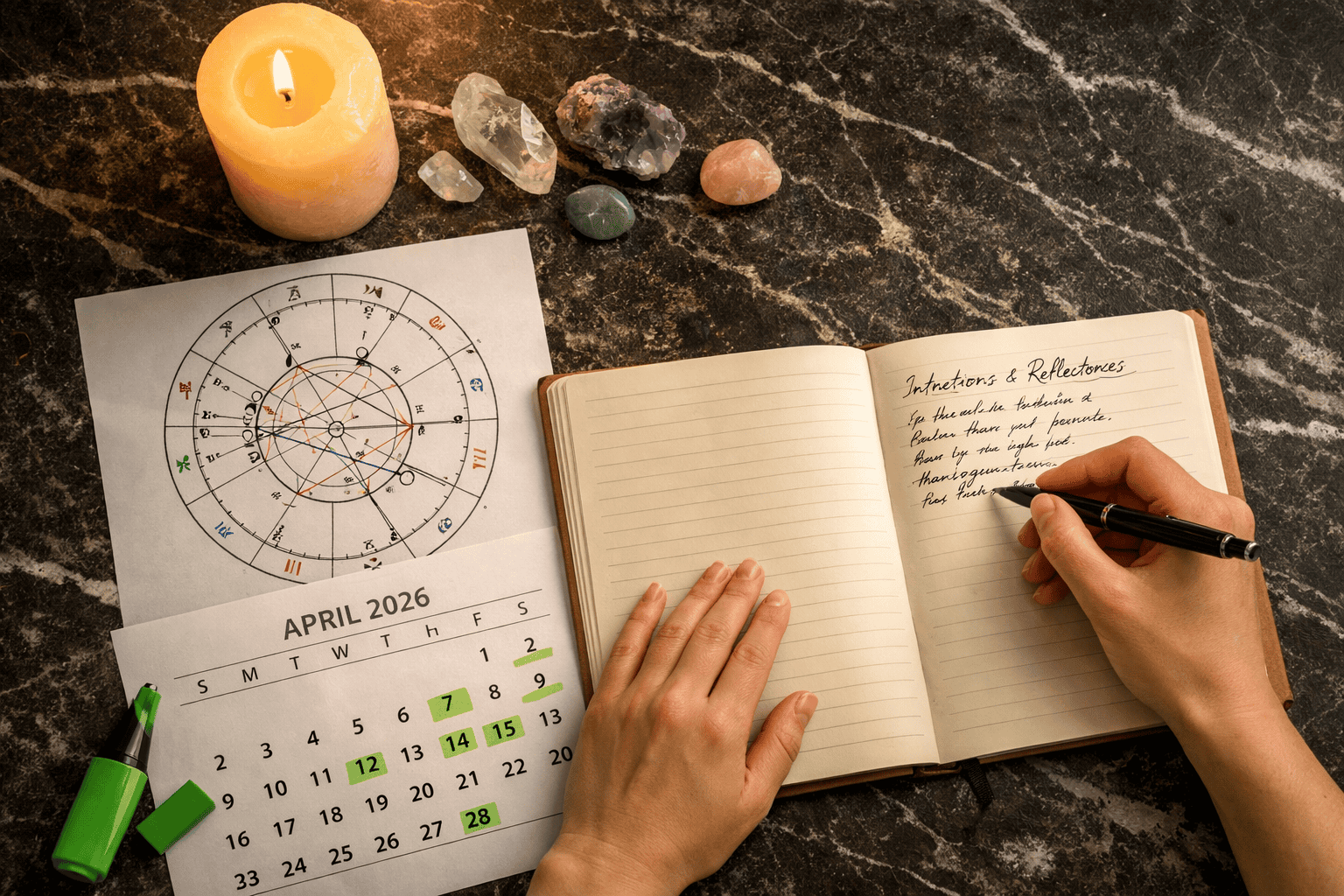 () overhead flat-lay of a person's hands writing in a journal on a dark marble surface, natal chart printout beside the