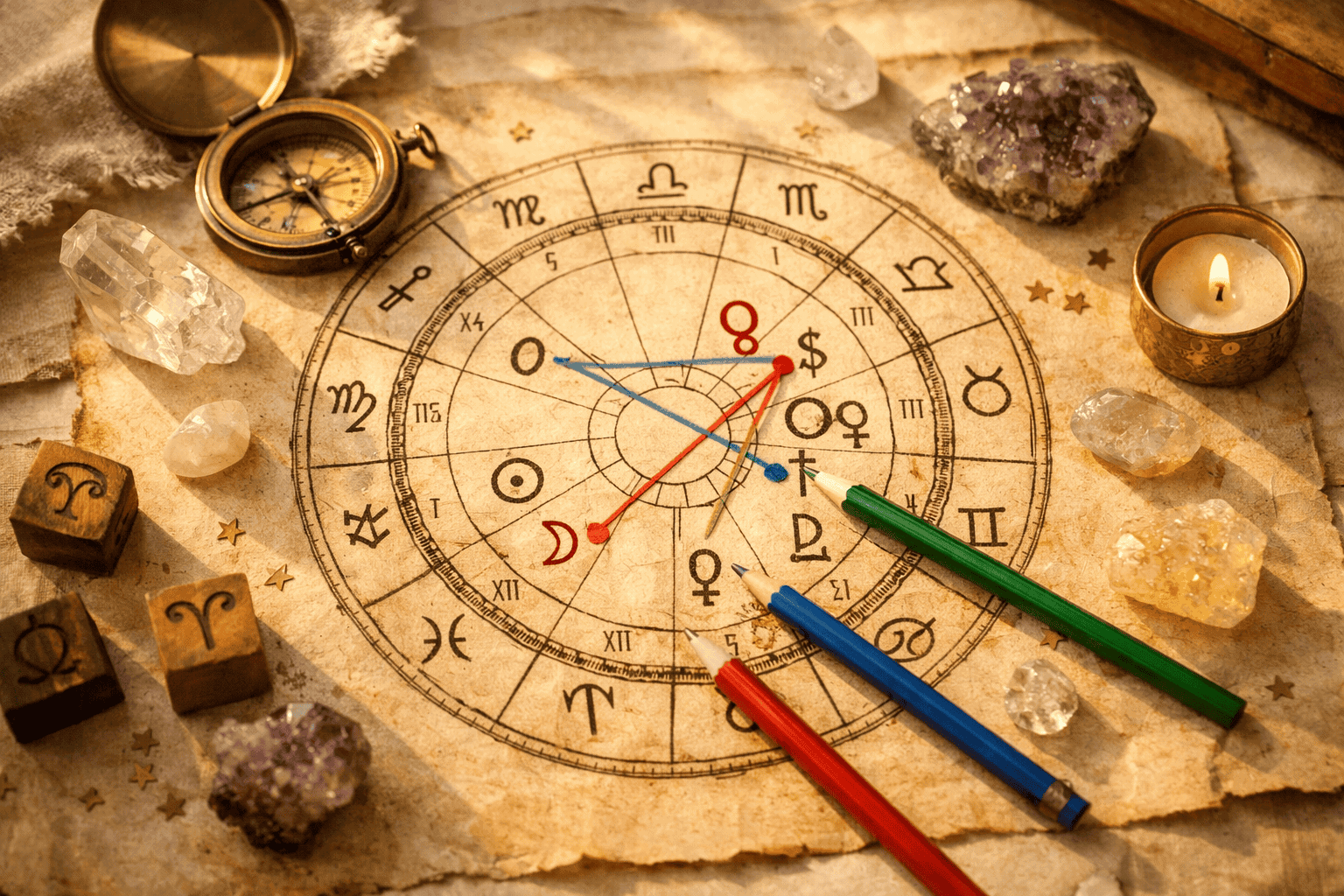() overhead flat-lay photograph of a detailed natal birth chart wheel printed on aged parchment paper, surrounded by
