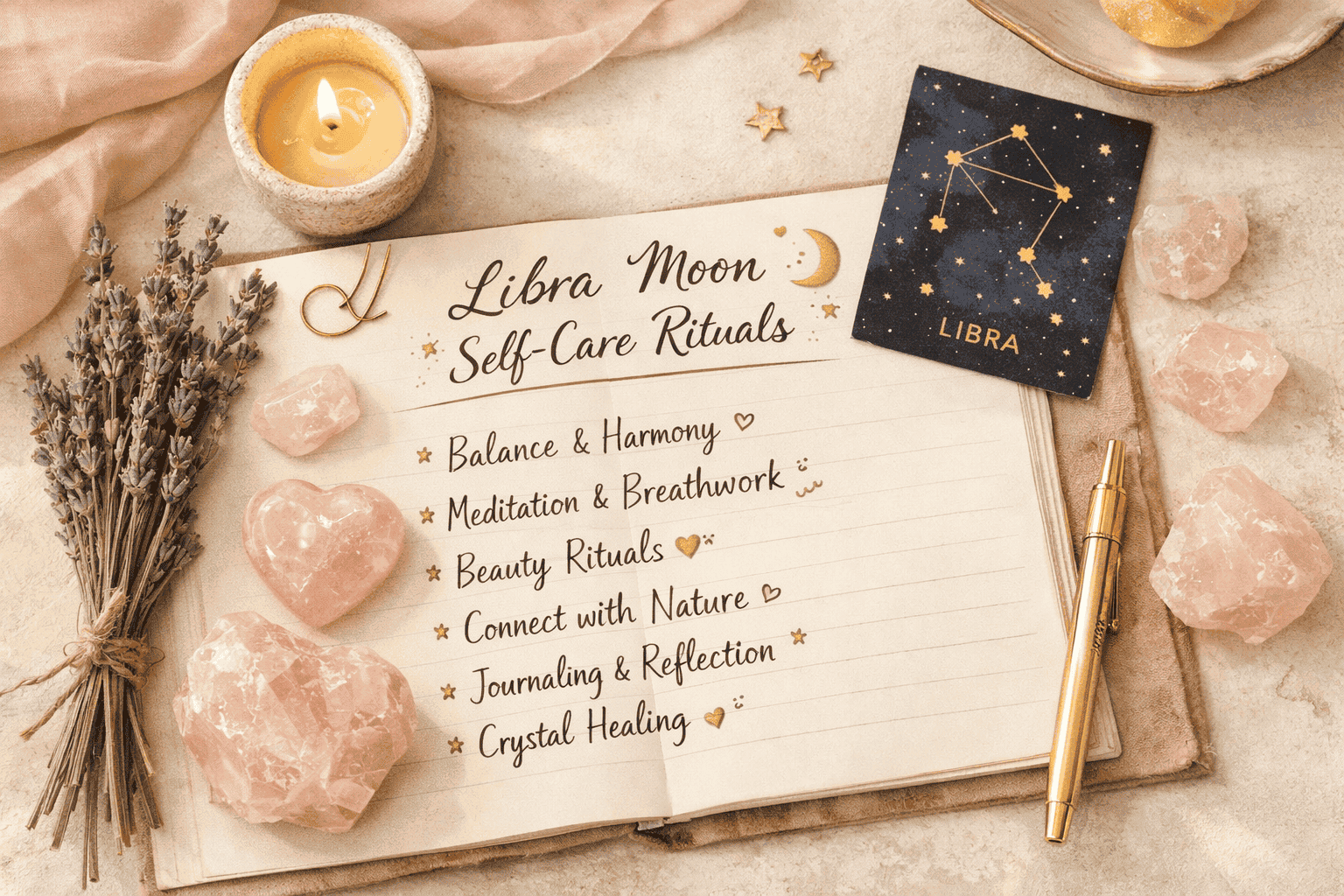 () overhead flat-lay scene of a journal open to a page titled 'Libra Moon Self-Care Rituals' with handwritten notes, rose