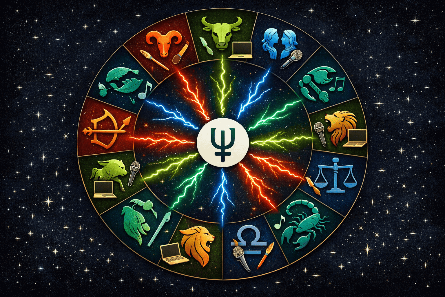 () overhead flat-lay style cosmic illustration showing all 12 zodiac signs arranged in a circular wheel, each sign