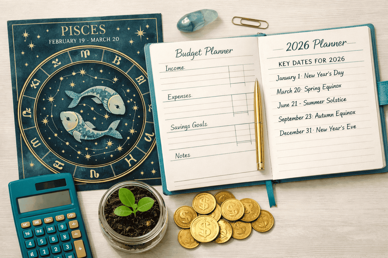 () overhead flat-lay style image of a financial planning workspace featuring a Pisces astrology chart, a budgeting notebook,