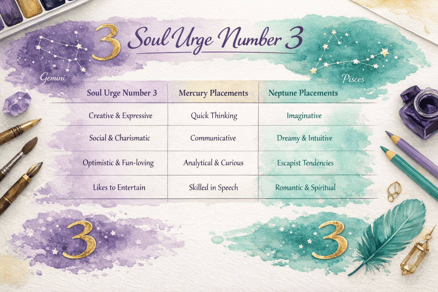 () overhead flat-lay style infographic showing a comparison table with Soul Urge Number 3 traits listed alongside Mercury