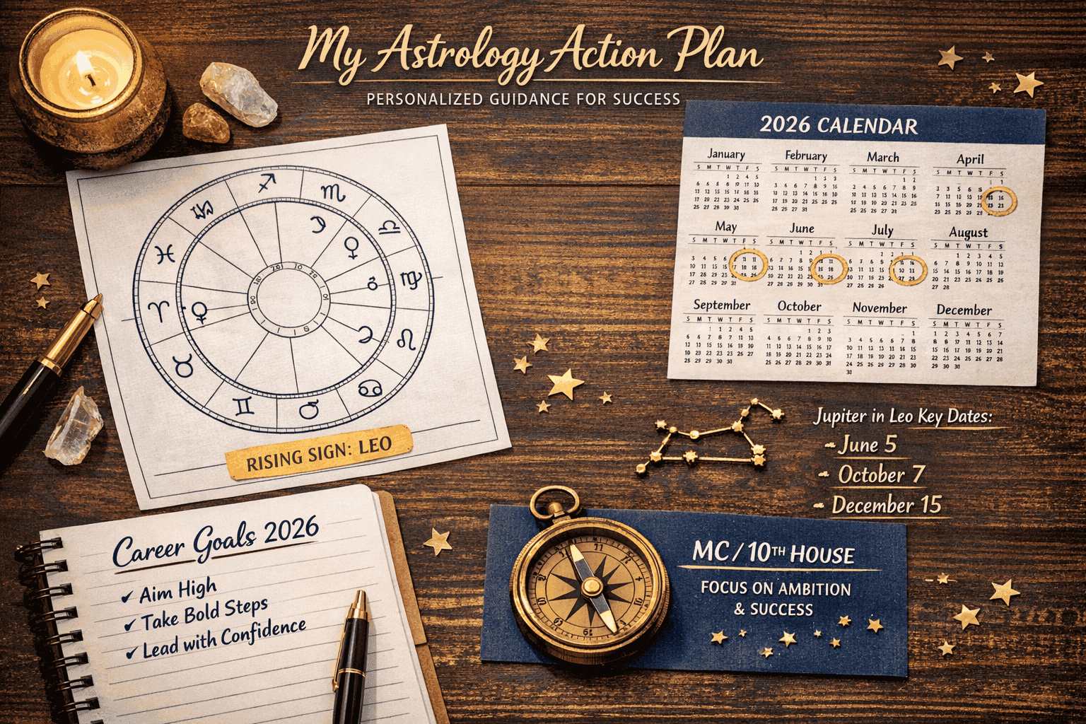 () overhead flat-lay style infographic showing a personalized astrology action plan on a dark wooden desk surface. Elements