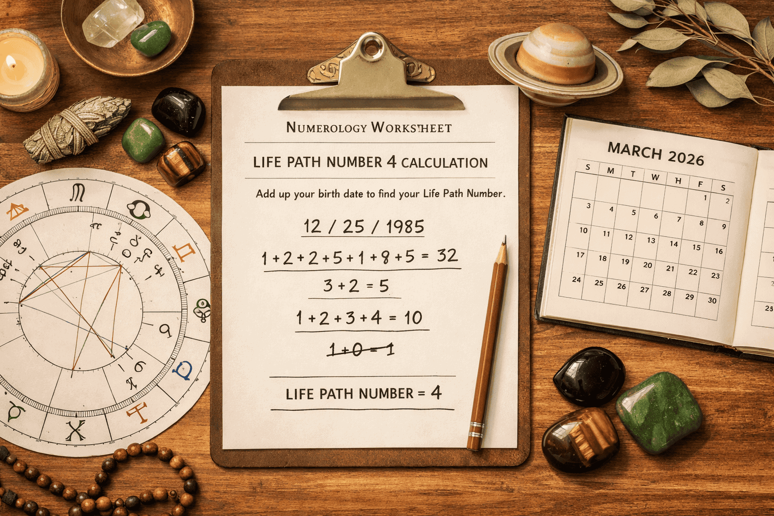 () overhead flat-lay style visual showing a numerology worksheet with Life Path Number 4 calculations, surrounded by