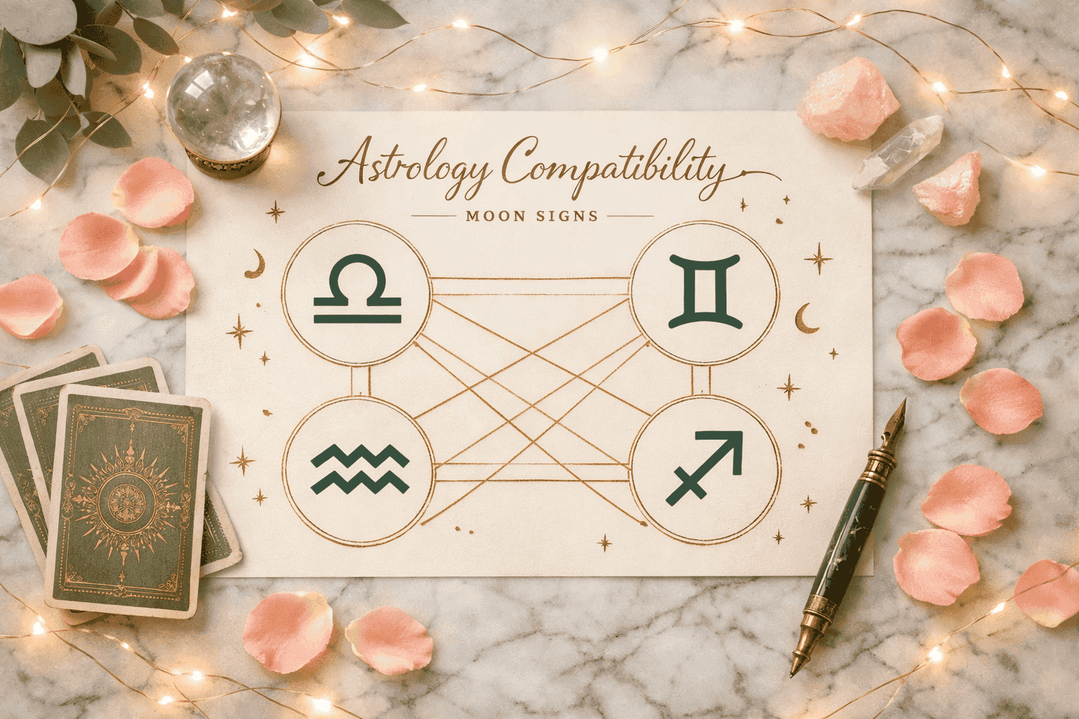 () overhead flat-lay styled image of an astrology compatibility chart spread on a marble surface, featuring moon sign