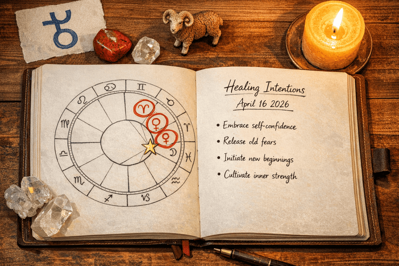 () overhead view of an open astrology birth chart journal on a wooden desk, showing a hand-drawn natal chart with Aries