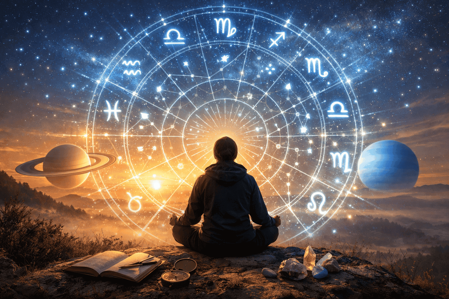 () personal transformation scene: a person sitting in meditation at dawn on a hilltop, surrounded by a glowing astrological