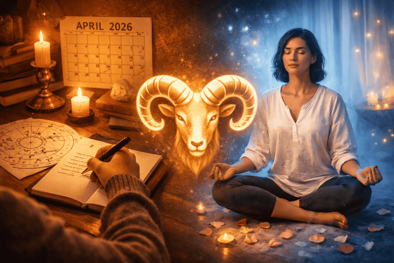 () practical action-guide visual showing a split-scene composition: left side depicts a person journaling at a candlelit