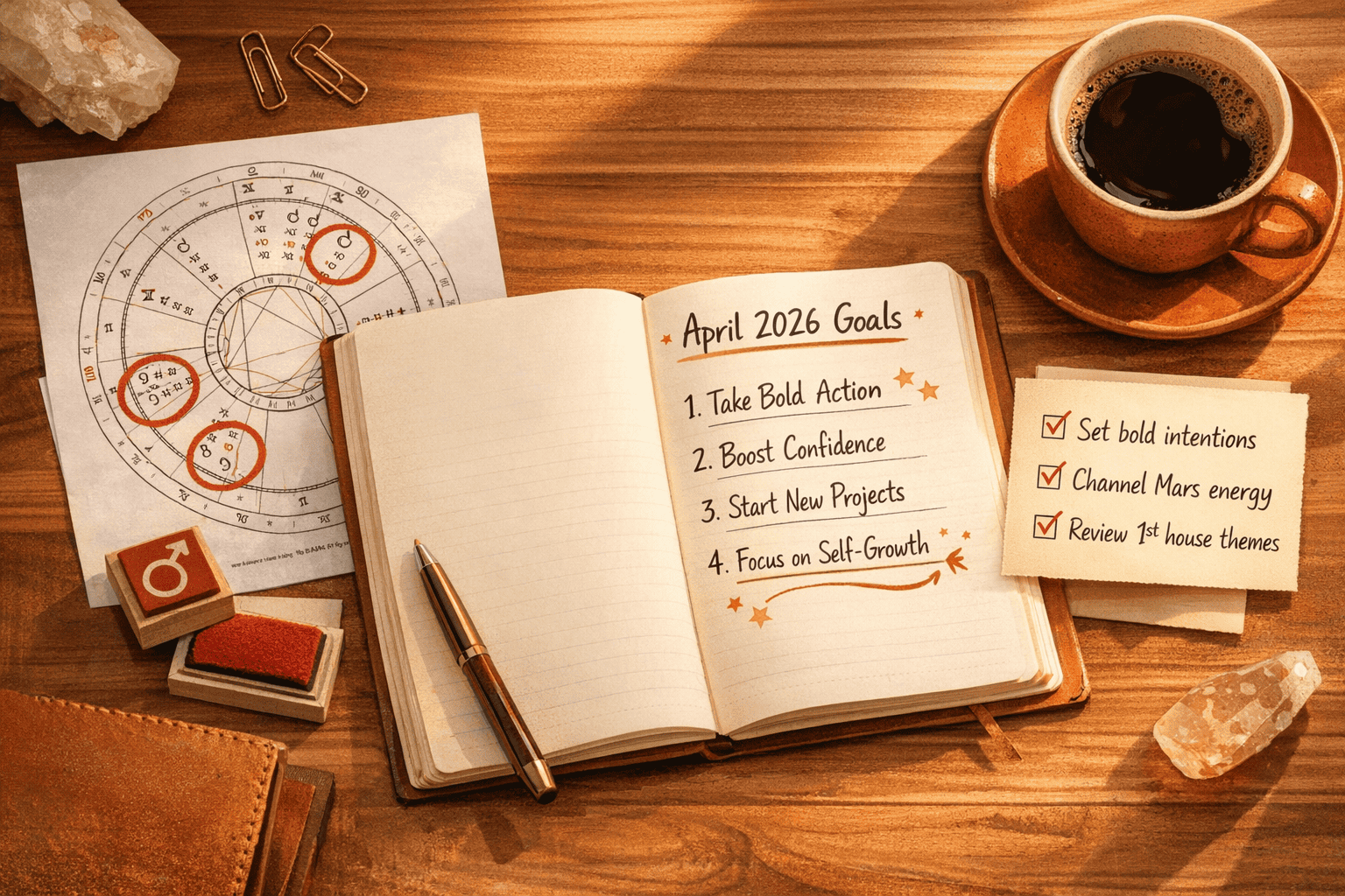 () practical action-planning visual: a stylized desk scene from above showing an open journal with handwritten April 2026