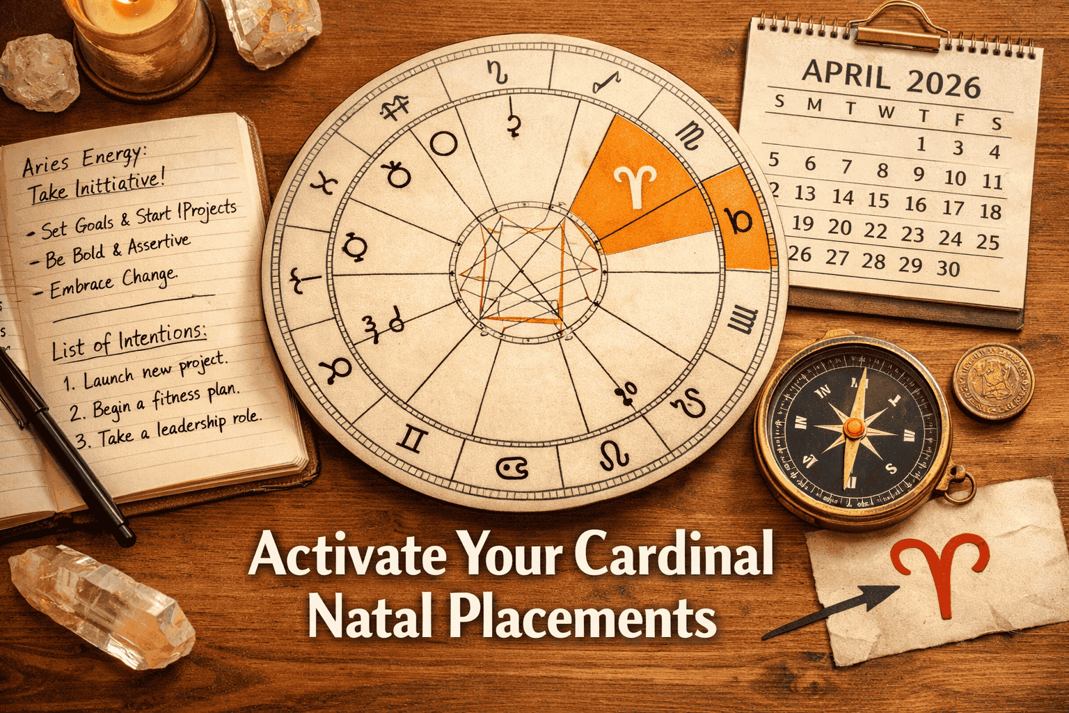 () practical action-planning visual: an open natal chart wheel on a wooden desk surface with Aries highlighted in orange,