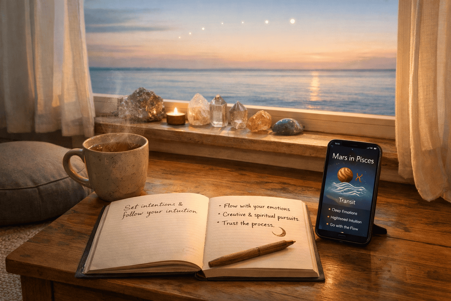 () practical guidance scene showing a serene home workspace with a journal open to handwritten notes, a meditation cushion