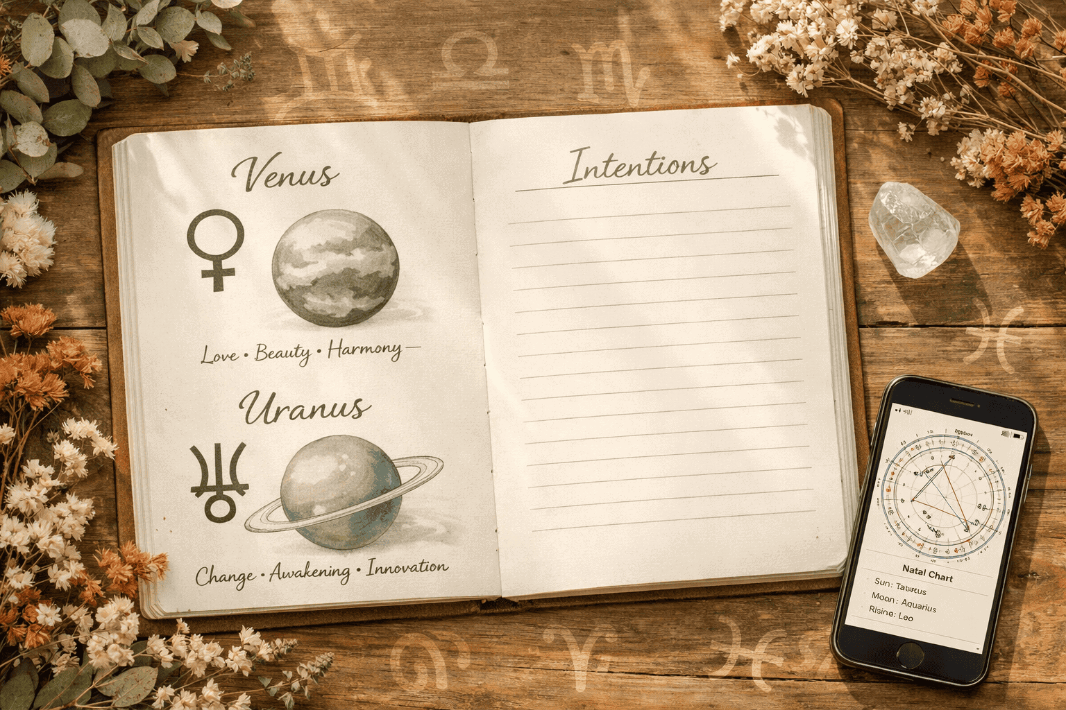 () practical guide aesthetic: a beautifully designed astrological journal open on a wooden table, showing hand-drawn Venus