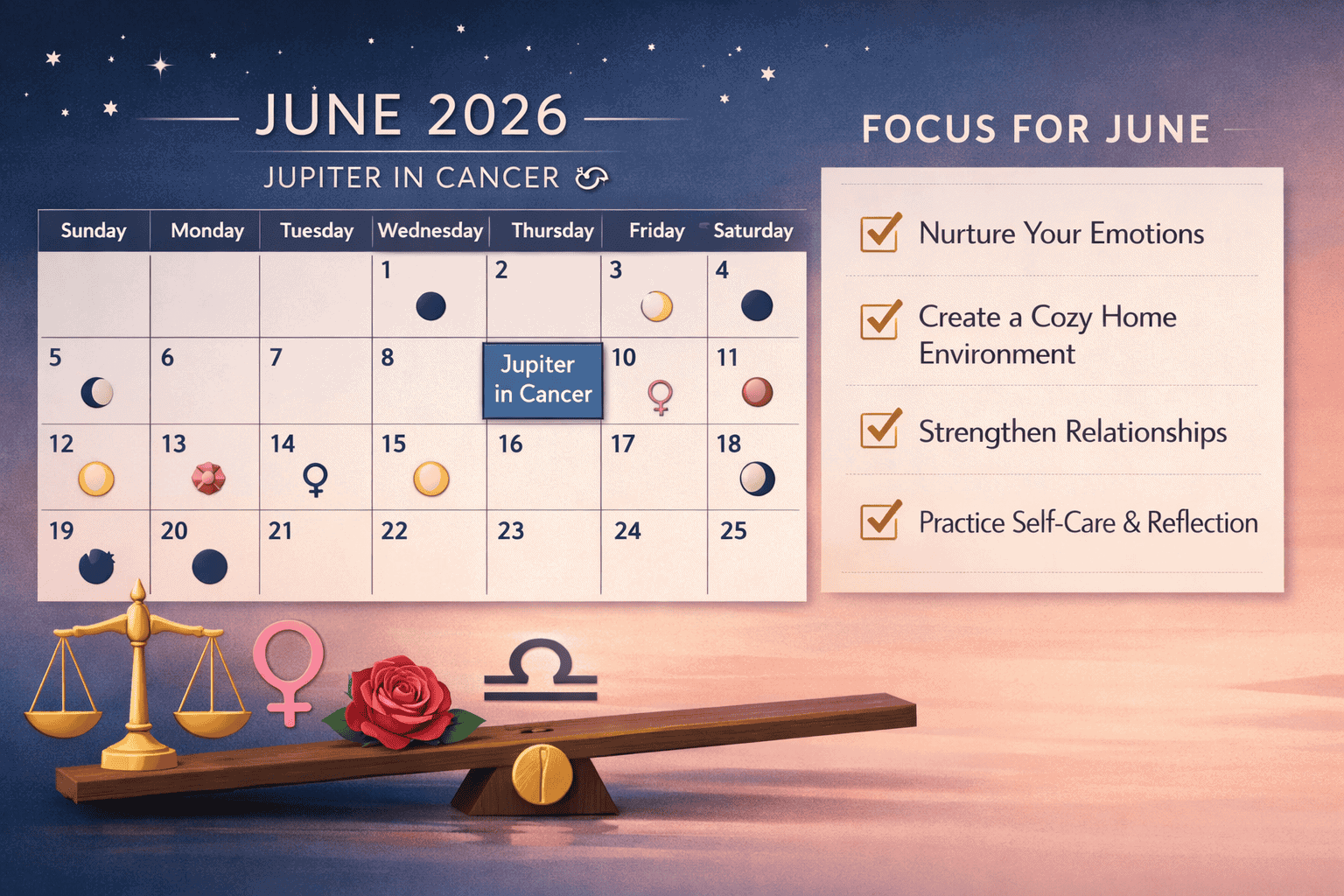 () practical guide-style editorial visual featuring a clean astrological calendar grid for June 2026 with Jupiter in Cancer