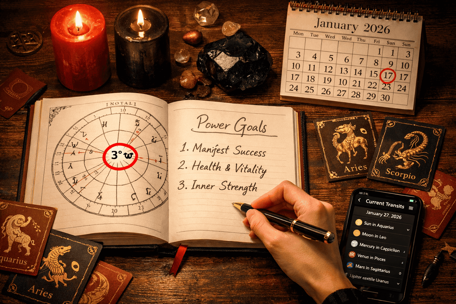 () practical ritual and strategy scene showing a top-down flat lay of an astrology workspace: open natal chart with 3