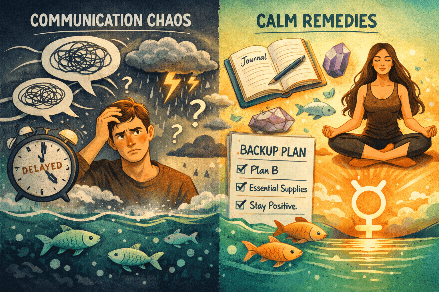 () practical survival guide visual showing a split scene: left side depicts communication chaos with tangled speech bubbles,