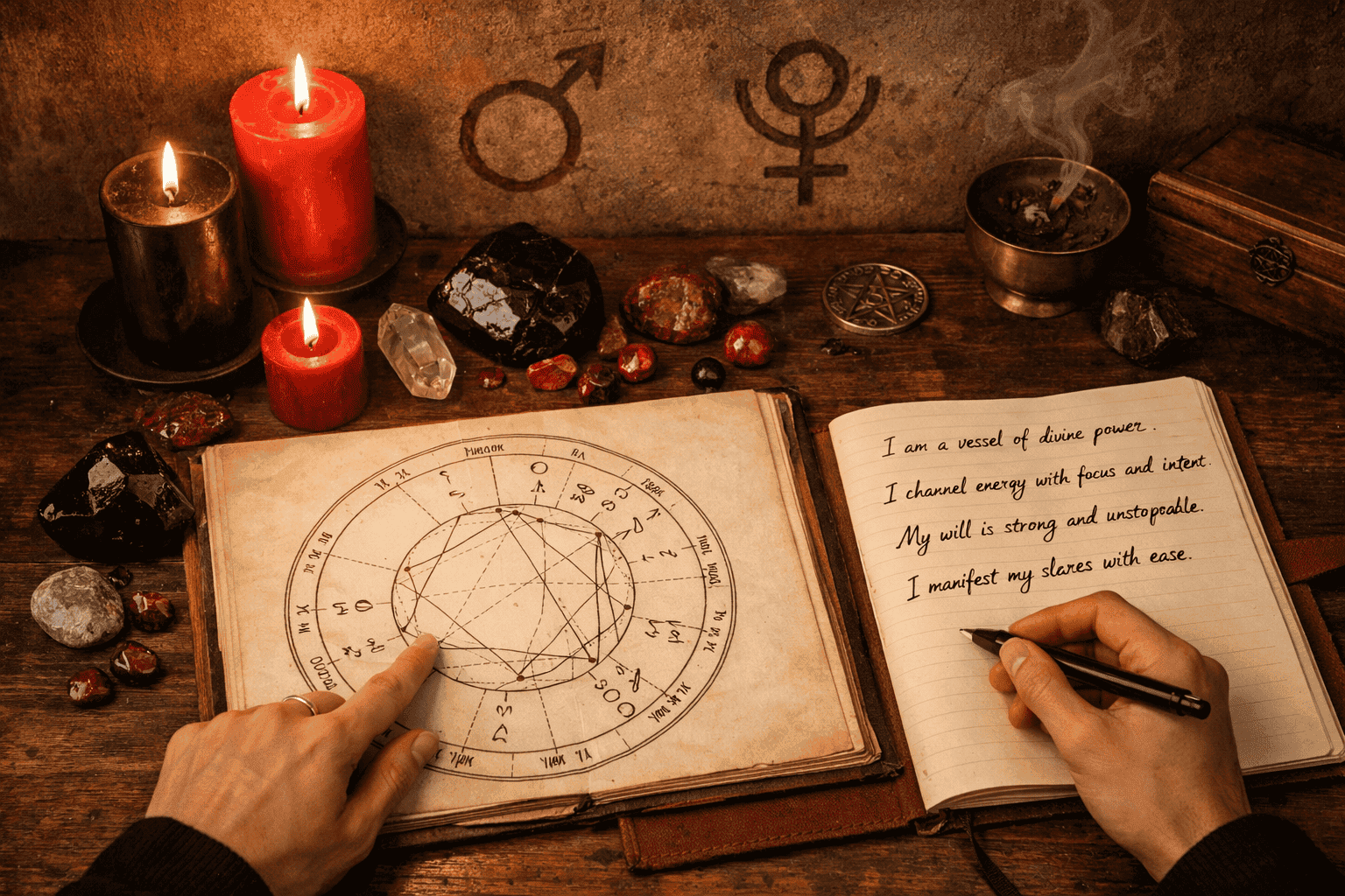 () ritualistic and strategic scene showing a person at a wooden desk with an open natal chart, candles in red and black, a