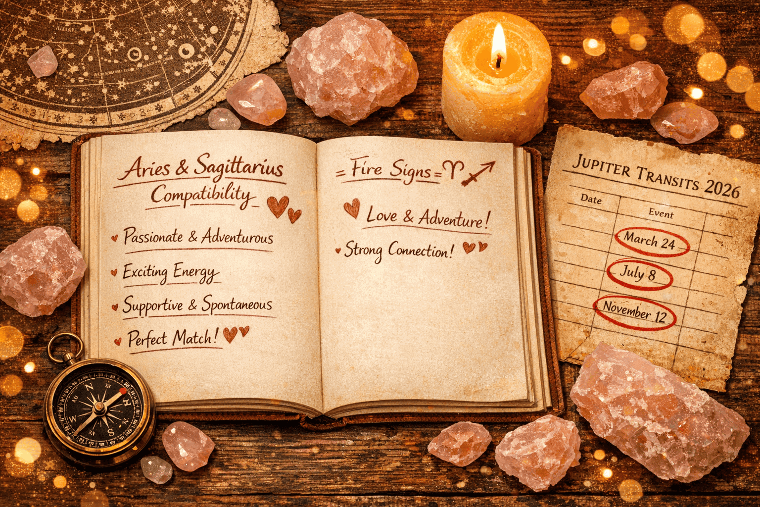 () romantic close-up flat-lay composition on a rustic wooden table: an open astrology journal showing Aries and Sagittarius