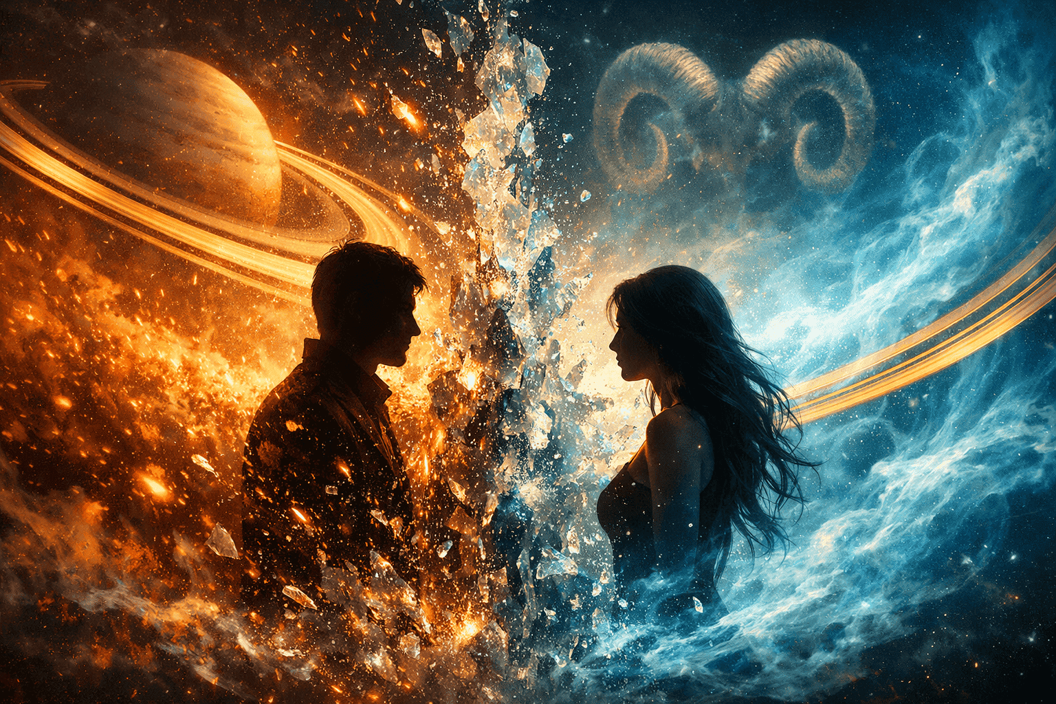 () romantic concept illustration showing two silhouetted figures facing each other across a dissolving wall of ice or glass,