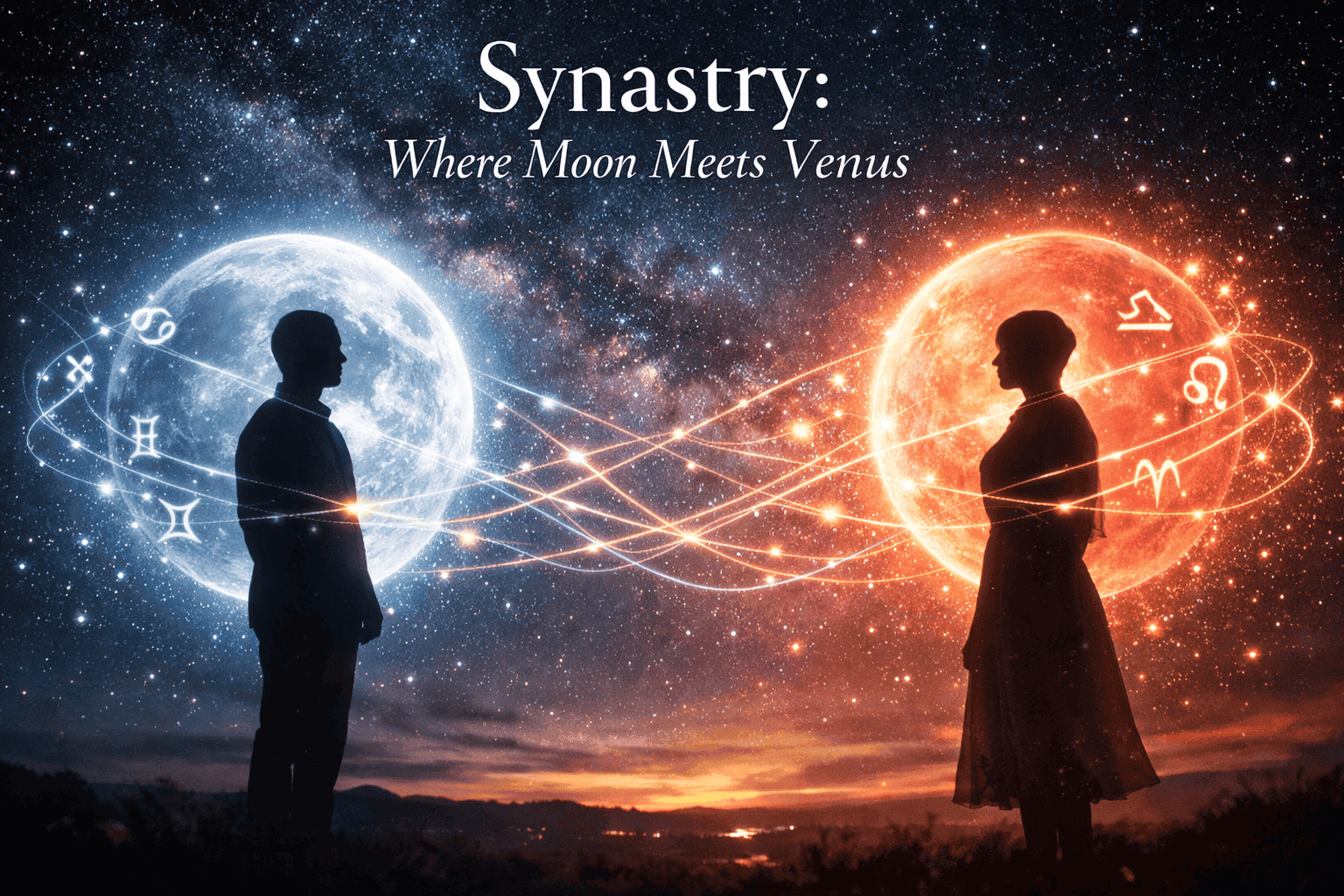 () romantic editorial scene: two silhouetted figures standing under a vast star-filled sky, one surrounded by a glowing Moon