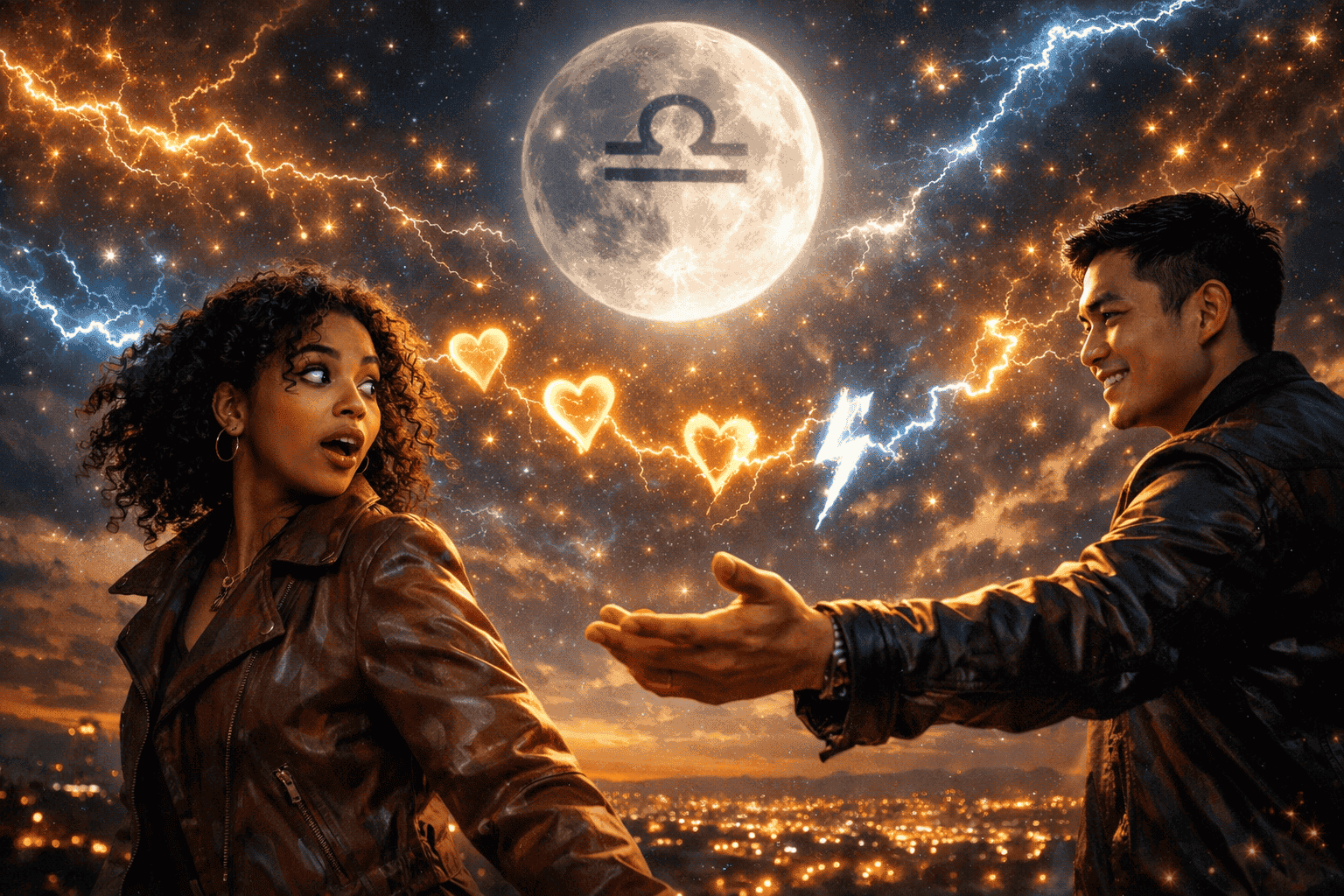 () romantic yet electric scene depicting a diverse couple experiencing a surprise moment of connection—one person turning
