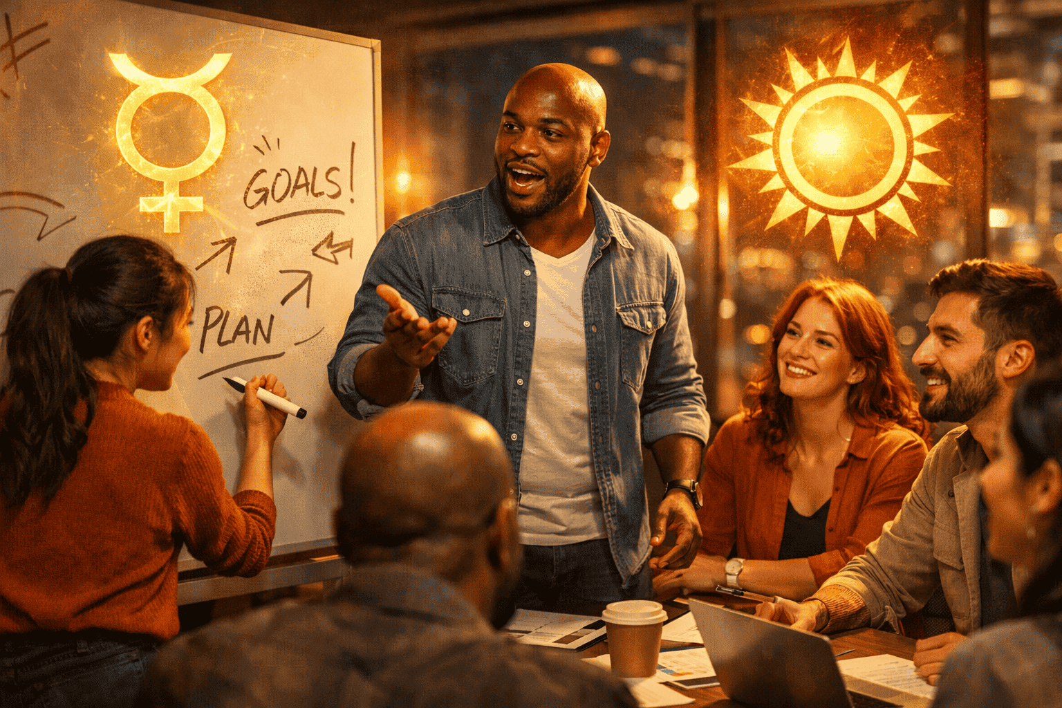 () scene depicting a diverse group of people at a modern workspace engaged in animated, confident conversation and