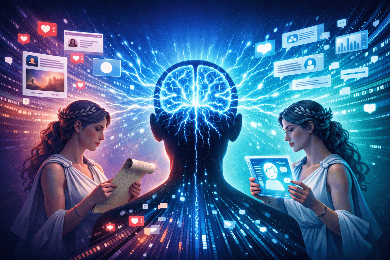 () scene depicting a human silhouette with an illuminated brain radiating electric blue neural pathways that transform into