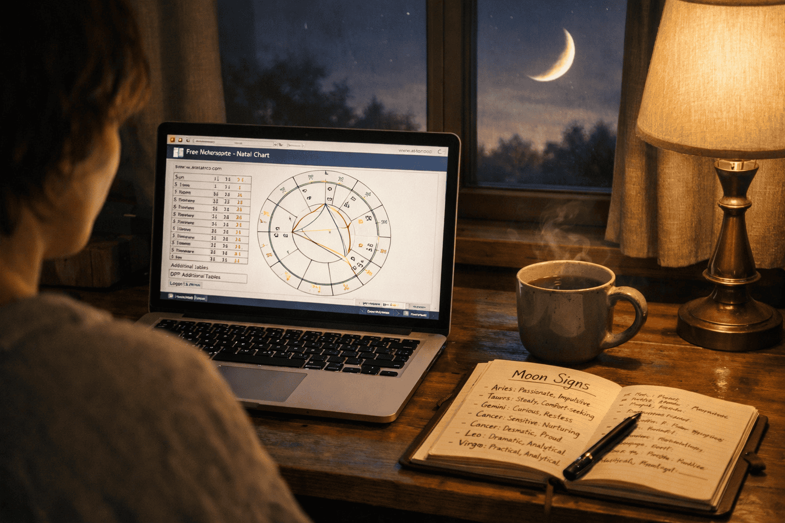 () scene of a person sitting at a wooden desk at night, laptop open showing a free birth chart on screen (Astro.com style