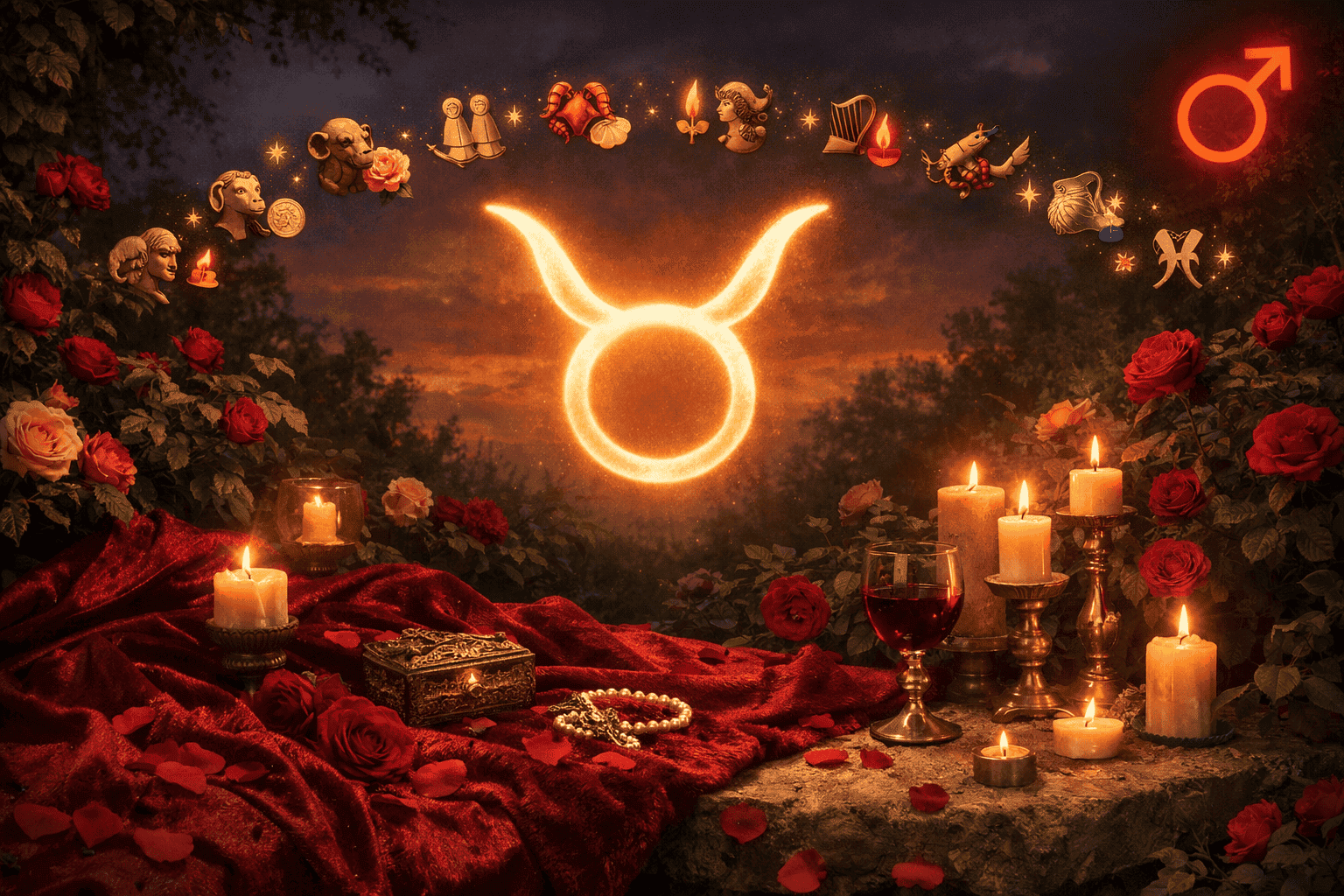 () sensual, earthy scene depicting a lush garden at dusk with rose petals, deep red velvet textures, and a glowing Taurus