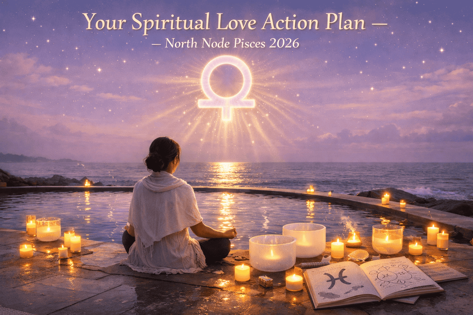 () serene editorial scene of a person meditating at the edge of a glowing moonlit Pisces-themed ocean pool, surrounded by