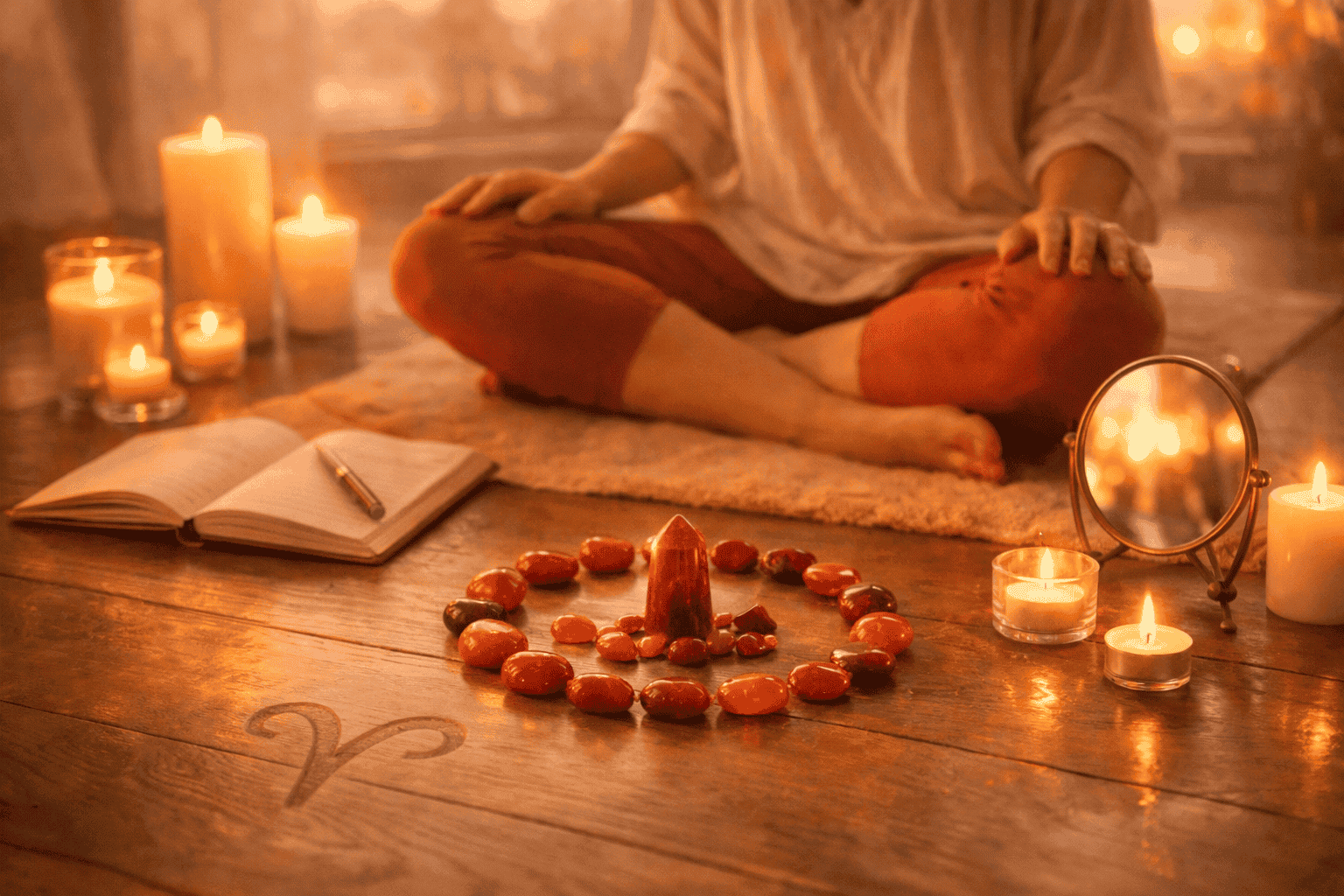 () serene healing ritual scene showing a person sitting cross-legged on a yoga mat at dawn, surrounded by lit candles, a