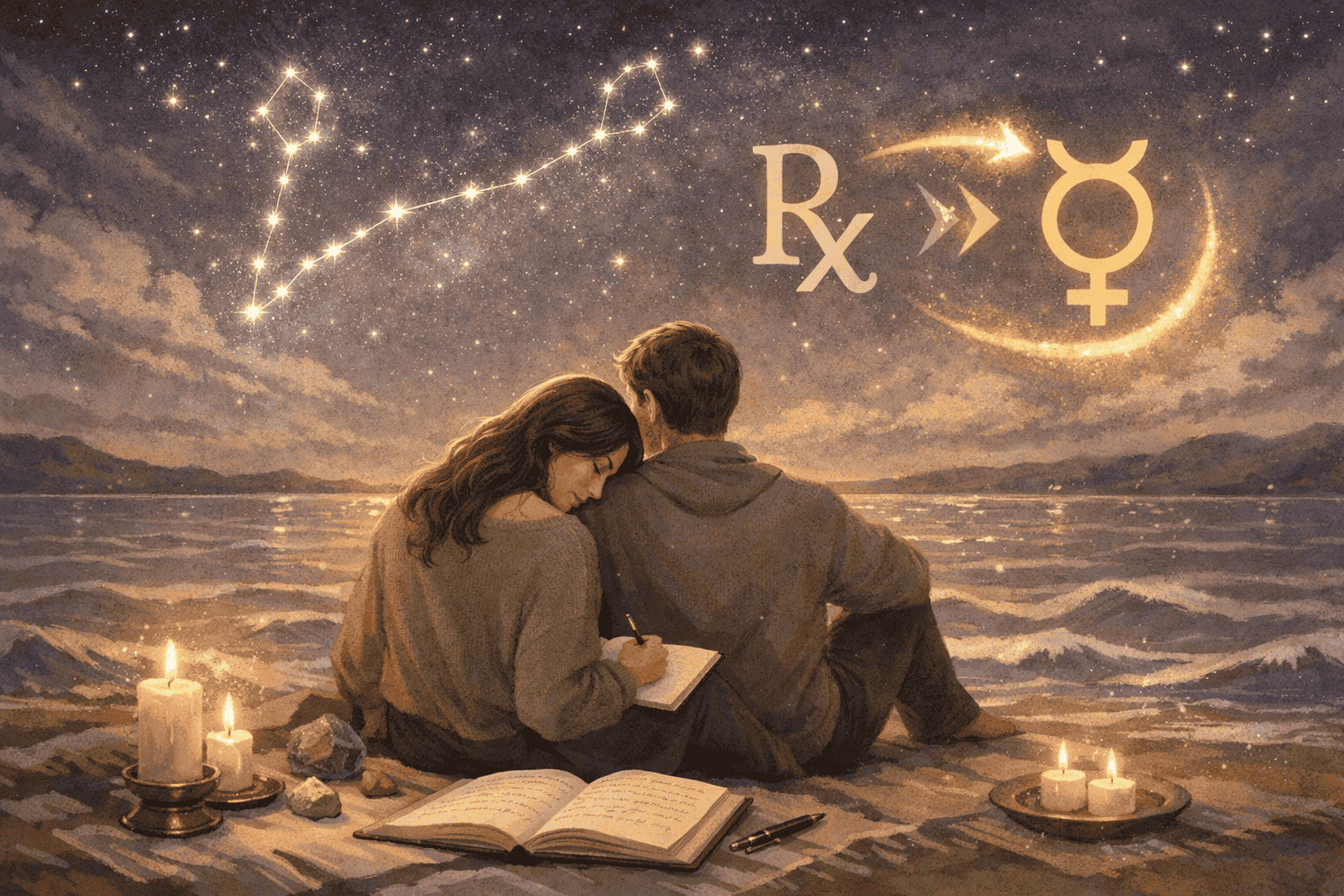 () serene illustration of a couple sitting together under a starry night sky with Pisces constellation glowing above them,